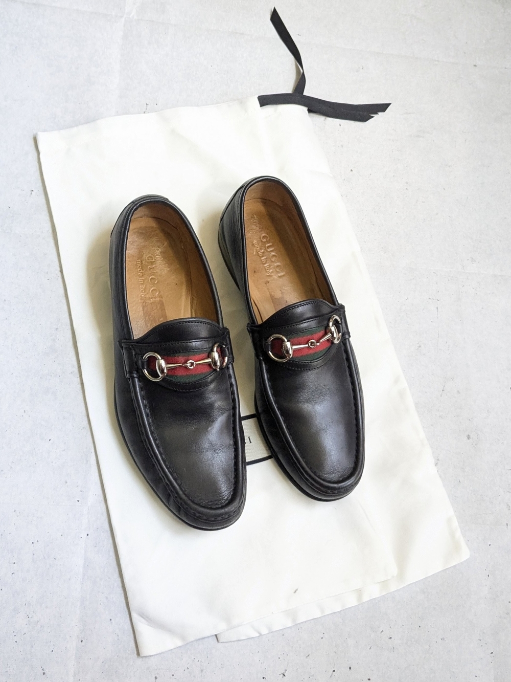 Gucci Black Leather Horsebit Loafers with Red-Green Web Men US 6.5